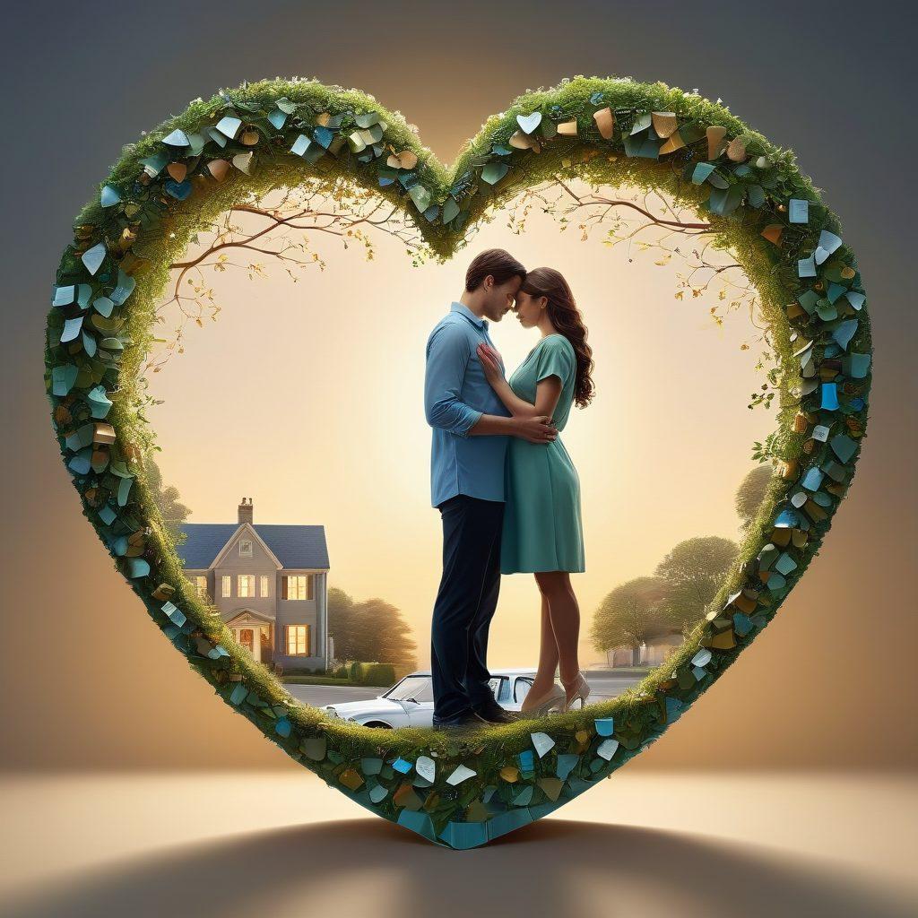 A warm and inviting scene featuring a couple embracing with a backdrop of a shield made of various insurance documents and symbols (like houses, medical crosses, and cars) intertwined with a heart shape. The couple looks relaxed and secure, surrounded by a soft glow, symbolizing peace of mind and protection. The colors should be calming blues and greens, representing security and trust, with a touch of gold for optimism. super-realistic. vibrant colors. soft background.