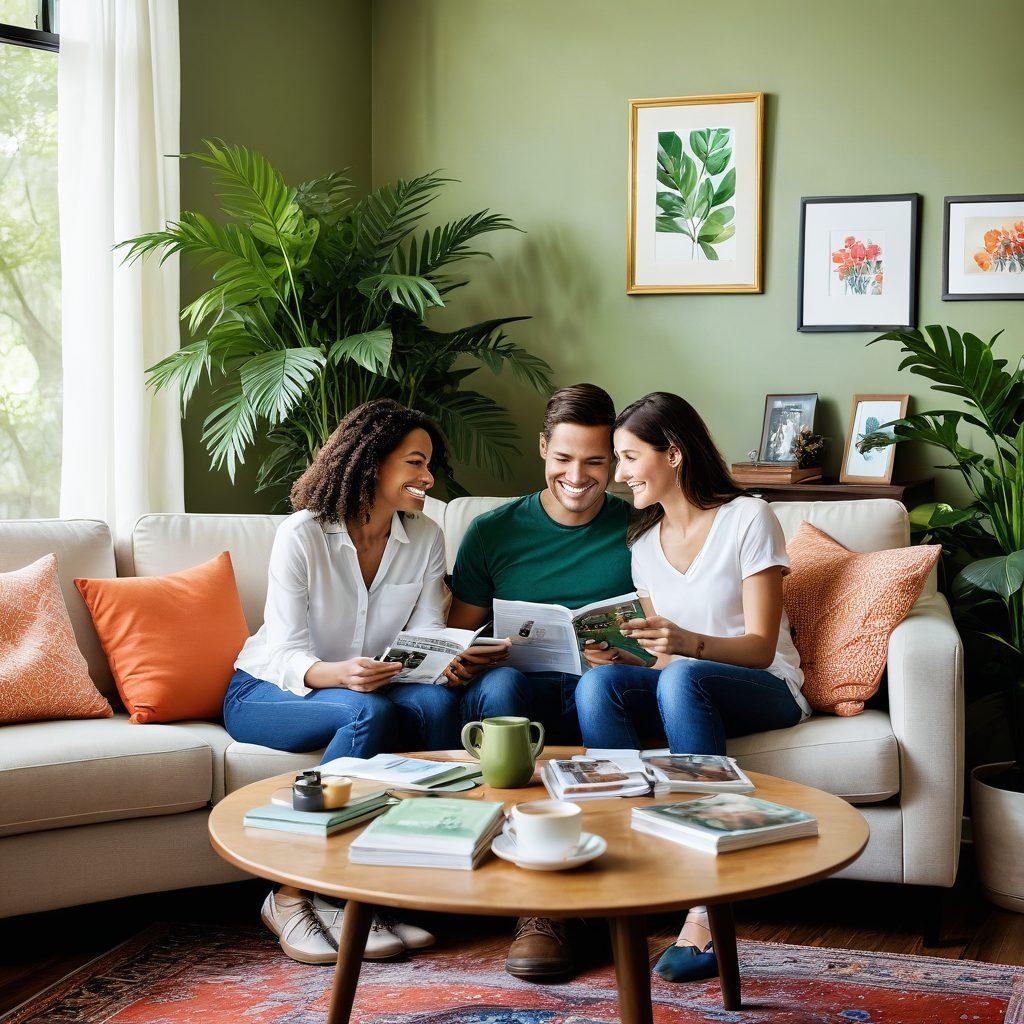 A cozy living room scene depicting a happy couple discussing insurance plans over a coffee table filled with paperwork and colorful brochures, surrounded by personal touches like family photos and plants, symbolizing security and warmth. The ambiance is bright and inviting, reflecting stability and love. super-realistic. vibrant colors. warm lighting.