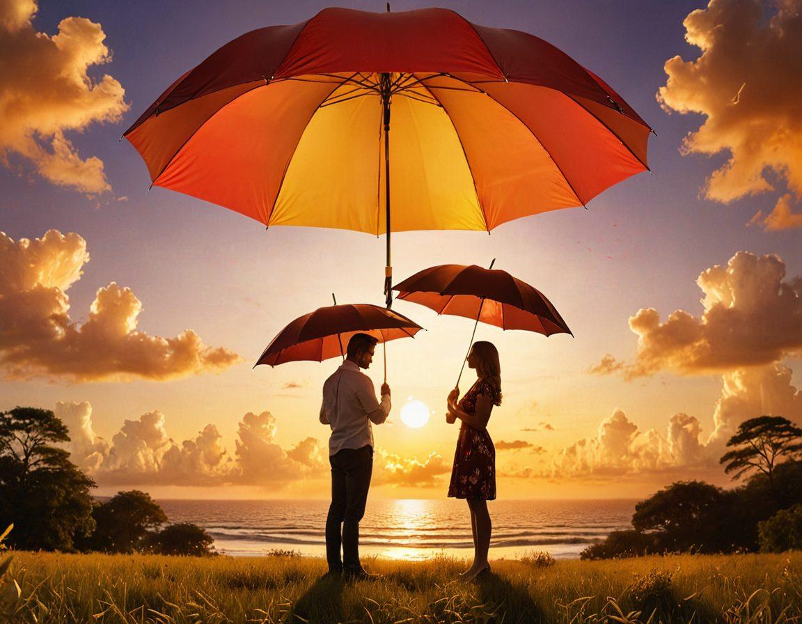 A romantic scene depicting a couple under a protective umbrella, symbolizing love and insurance coverage. Surrounding them, a serene landscape with heart-shaped clouds and a warm sunset, conveying safety and warmth. Include subtle elements like floating insurance documents and happy symbols of life, portraying peace of mind. Emphasize the bond with intertwined hands and soft lighting. super-realistic. warm colors. serene background.